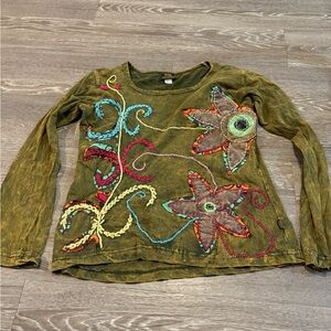 VTG Rising International Shirt Womens L Boho Hippie Patchwork Floral Y2K Top